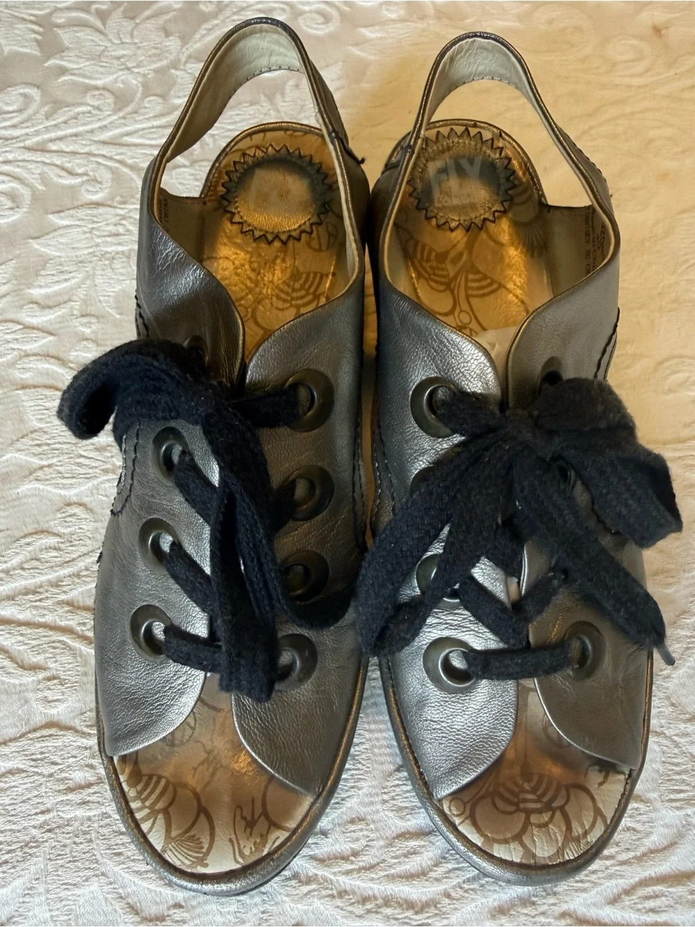 FLY London Women's YLVA Metallic Gray Lace-Up Open-Toe Wedge Sandals EU 40